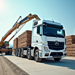 Camion blanc moderne avec bras hydraulique déchargeant matériaux de construction