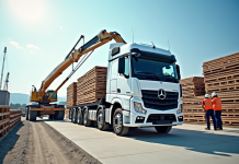 Camion blanc moderne avec bras hydraulique déchargeant matériaux de construction