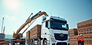 Camion blanc moderne avec bras hydraulique déchargeant matériaux de construction
