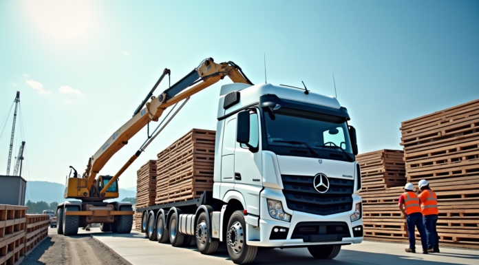 Camion blanc moderne avec bras hydraulique déchargeant matériaux de construction