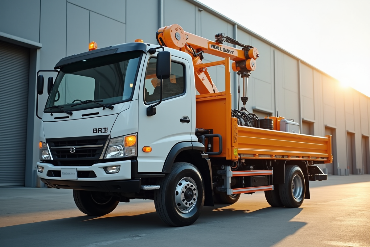 Camion utilitaire compact avec bras robotique stationne près d