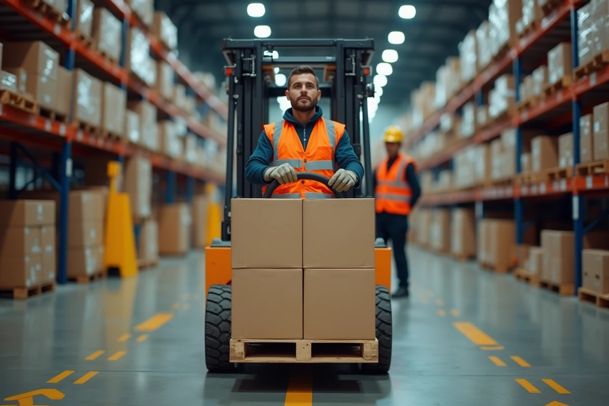 Cariste manœuvrant une palette dans le couloir d'un entrepôt logistique de distribution centrale