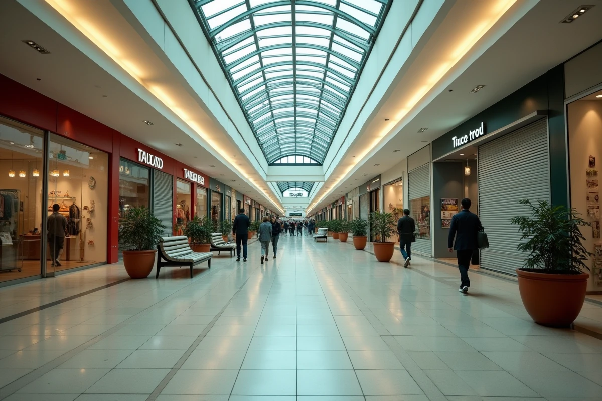 Intérieur d'un centre commercial presque vide avec boutiques fermées et allées désertes symbolisant le déclin du commerce traditionnel