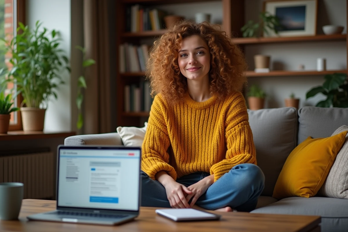 Jeune femme travaillant depuis chez elle avec un chat en direct intégré sur toutes les pages de son site web