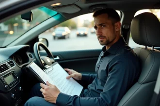 Chauffeur de taxi examinant des documents financiers liés au coût de sa licence dans son véhicule
