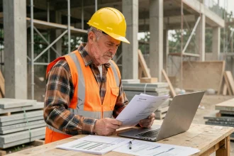 Chef de chantier comparant un tableur Excel et un logiciel de gestion de chantier sur son ordinateur portable en plein air