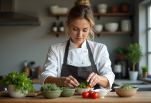 Femme chef préparant des légumes frais dans une cuisine moderne