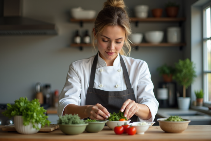 chef-preparation-legumes Femme chef préparant des légumes frais dans une cuisine moderne