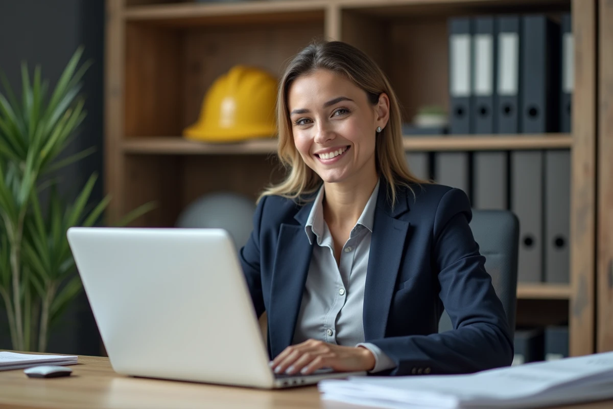Cheffe d'entreprise artisanale gérant ses devis en ligne depuis son bureau professionnel