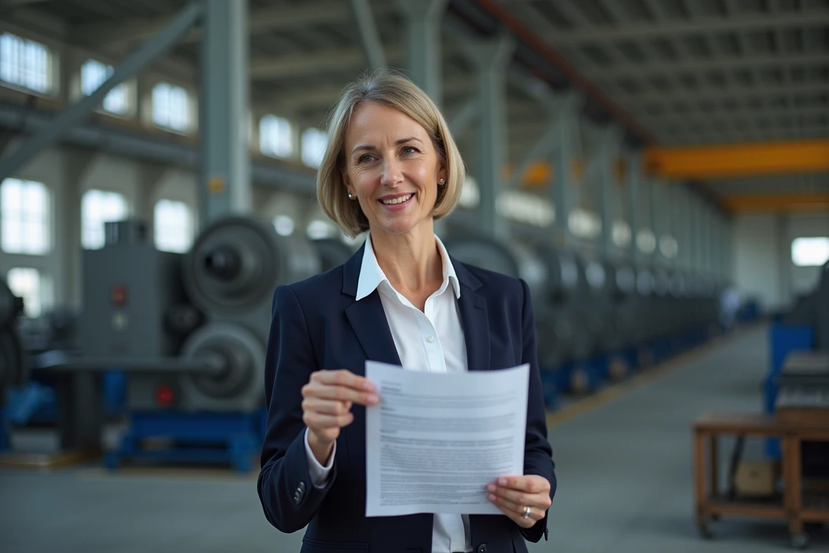 Cheffe d'entreprise industrielle analysant un mémorandum avec exemptions dans un atelier de production avec structure métallique apparente