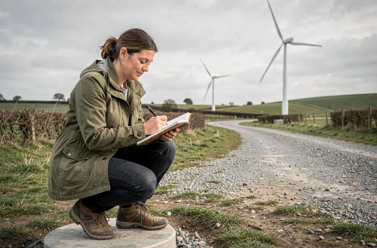 Chercheuse sur le terrain près d'éoliennes rurales, documentant les applications concrètes de la transition énergétique en zone agricole