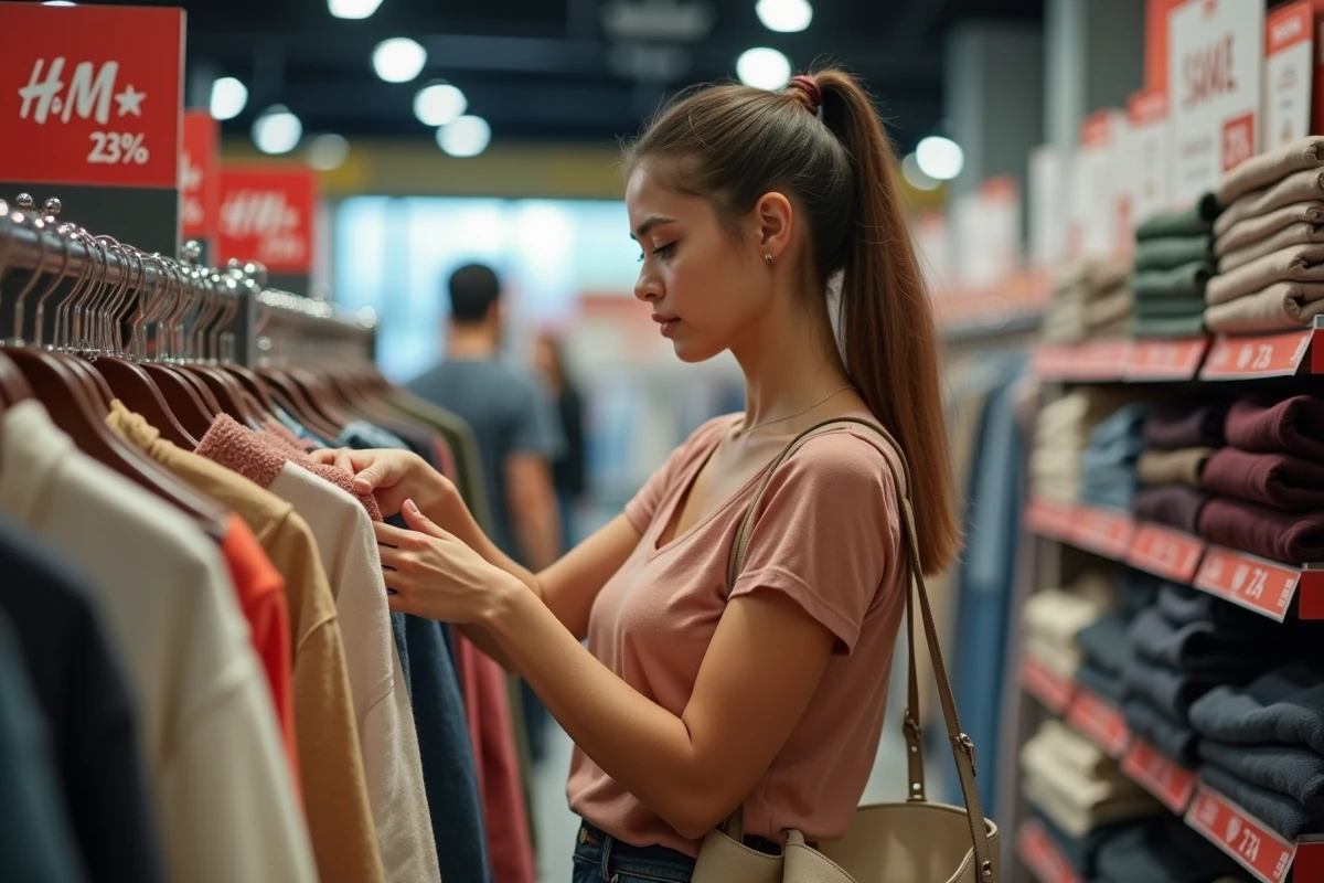 Femme faisant du shopping dans un rayon de vêtements H&M en solde, consultant des articles à prix réduit