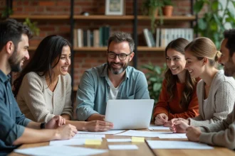 Groupe de professionnels collaborant autour d'une table dans un espace de travail coopératif de l'économie sociale et solidaire