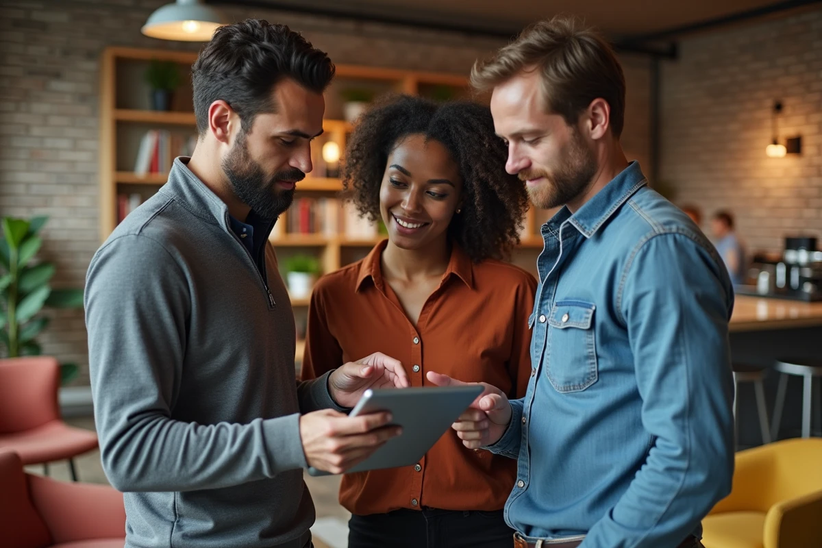 Trio de professionnels collaborant sur un projet de gestion d'équipe dans un espace de co-working moderne avec tablette et interface de management