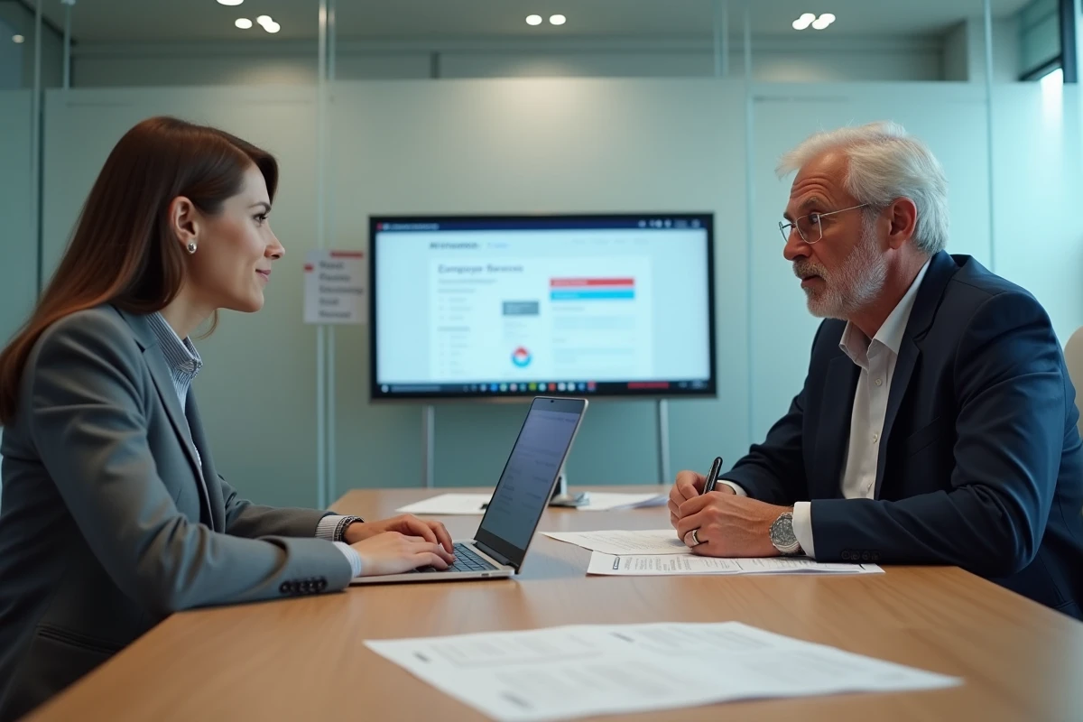 Deux collègues Air France consultant ensemble les services RH sur l'intranet en salle de réunion