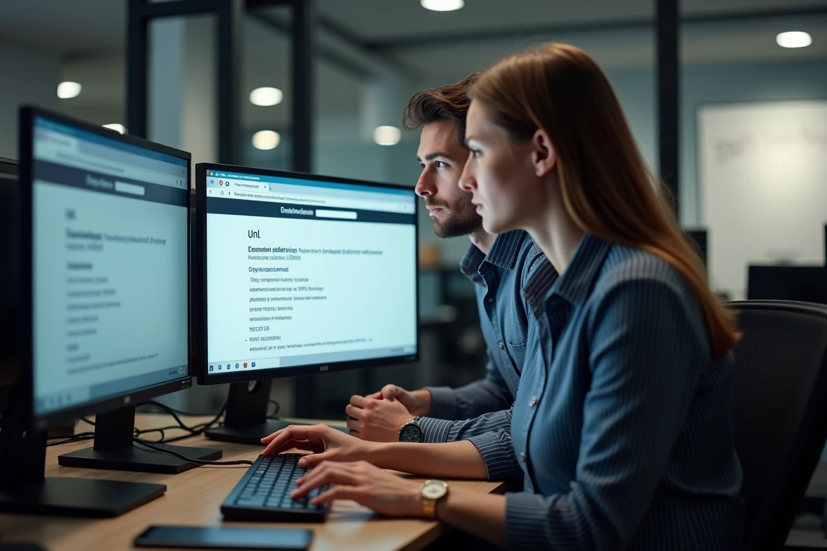 Deux collègues cherchant des solutions pour accéder à un site web en panne depuis un bureau professionnel