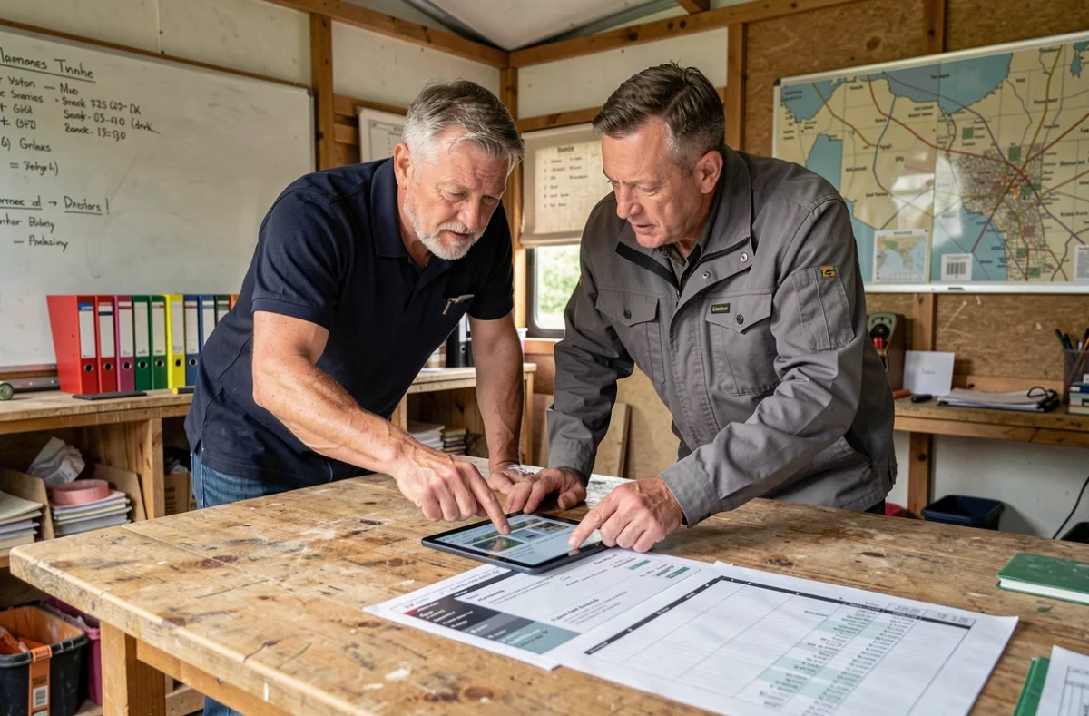 Deux professionnels du BTP comparant un logiciel de gestion prix fait et Excel sur tablette dans une baraque de chantier
