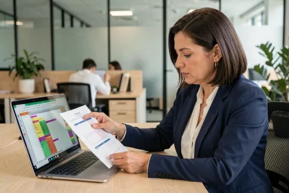 Femme professionnelle comparant un planning papier et un tableau Excel sur ordinateur portable dans un bureau moderne