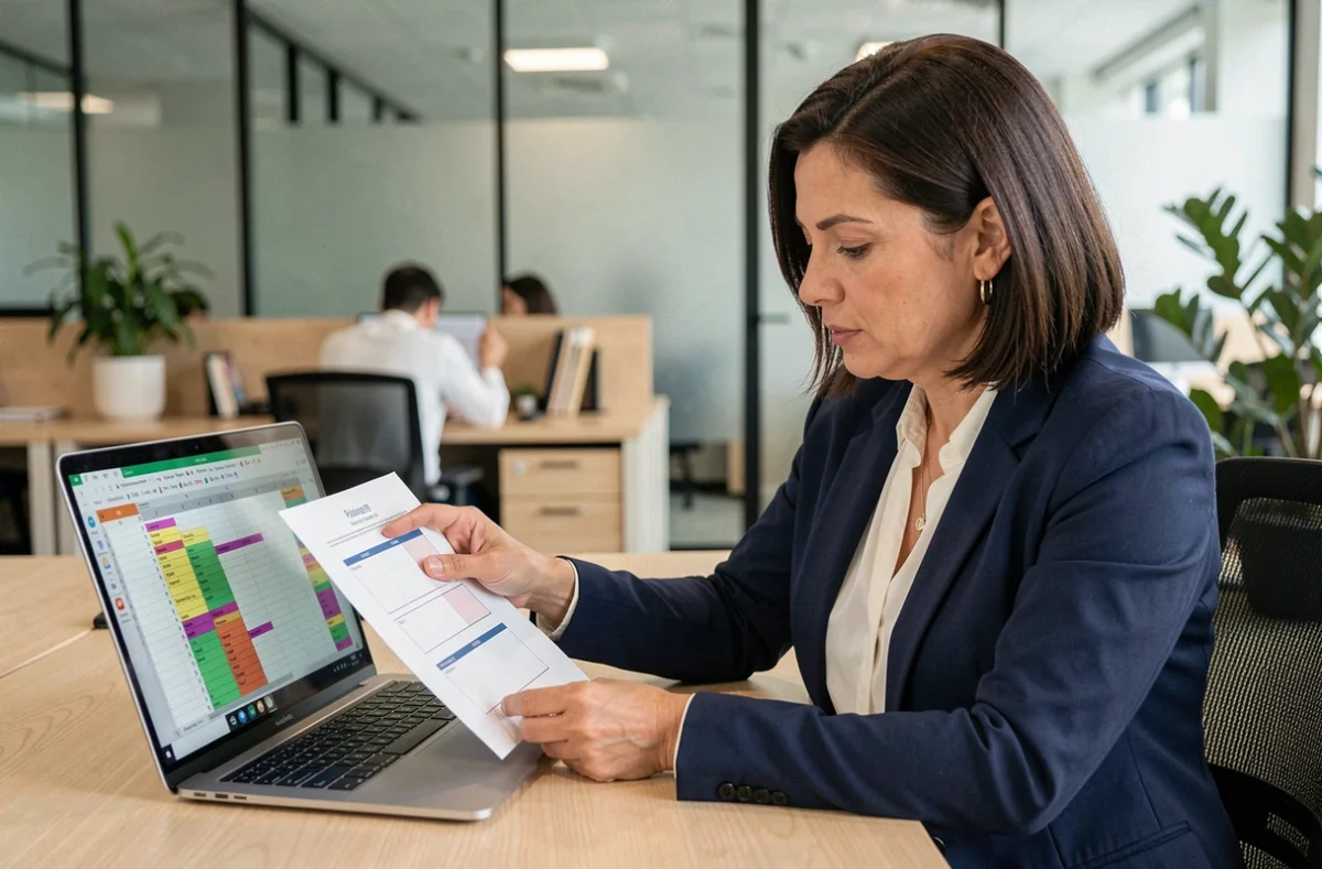 Femme professionnelle comparant un planning papier et un tableau Excel sur ordinateur portable dans un bureau moderne