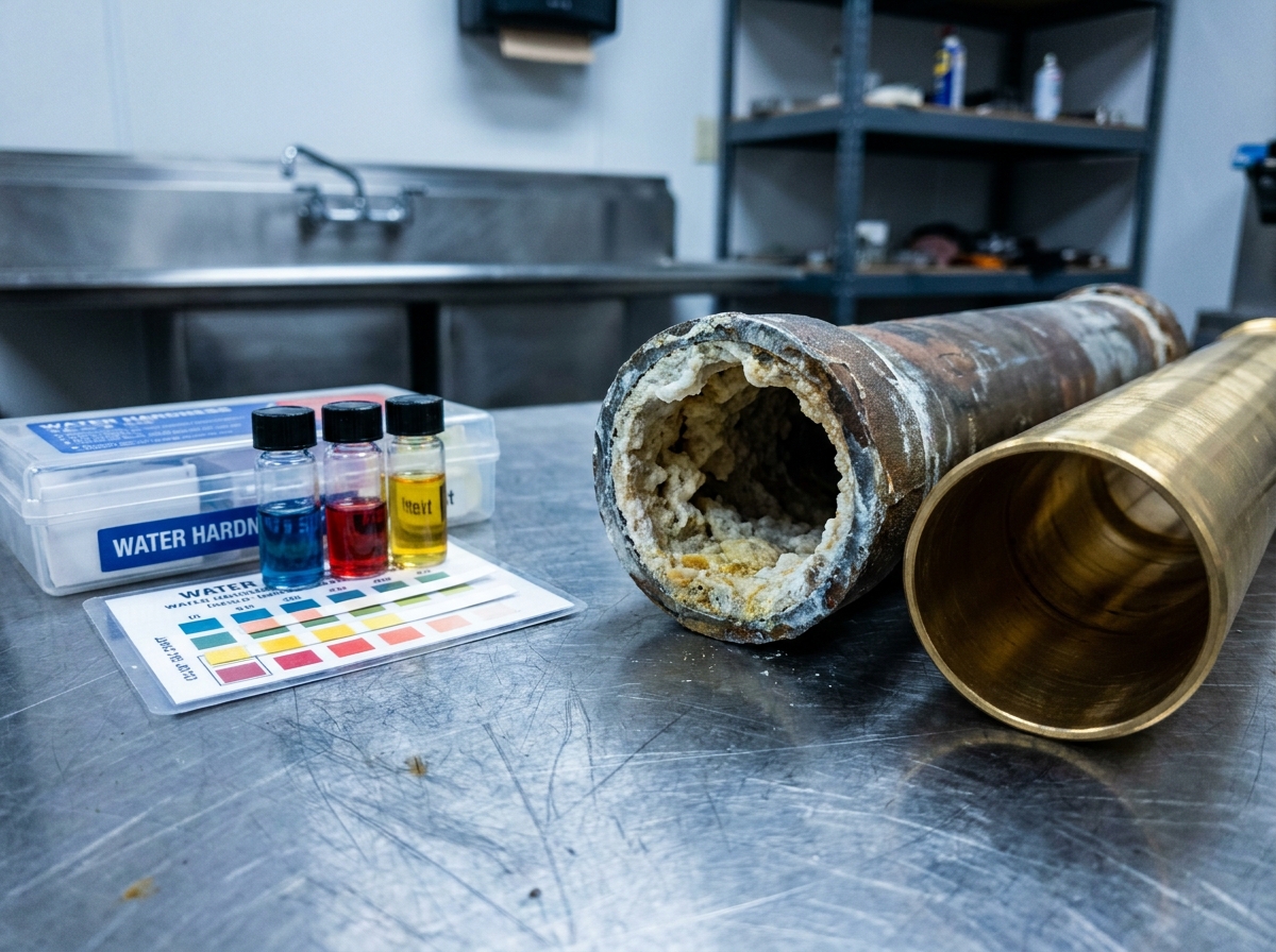 Comparaison entre un tuyau entartré et un tuyau propre avec kit de test de dureté de l'eau en entreprise