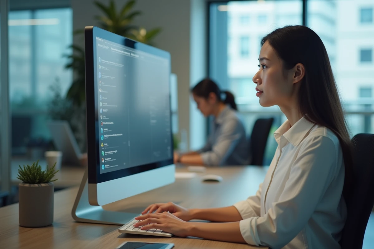 Jeune professionnelle configurant son espace numérique personnel pas à pas sur un ordinateur de bureau en open space