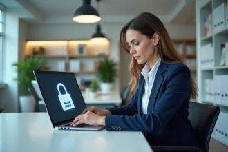 Femme professionnelle connectée à un espace affilié sécurisé sur ordinateur portable au bureau
