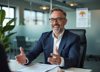 Conseiller emploi en bureau moderne souriant et attentif