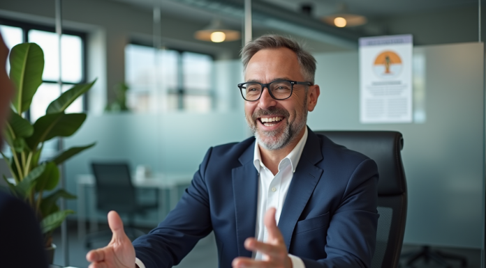 Conseiller emploi en bureau moderne souriant et attentif