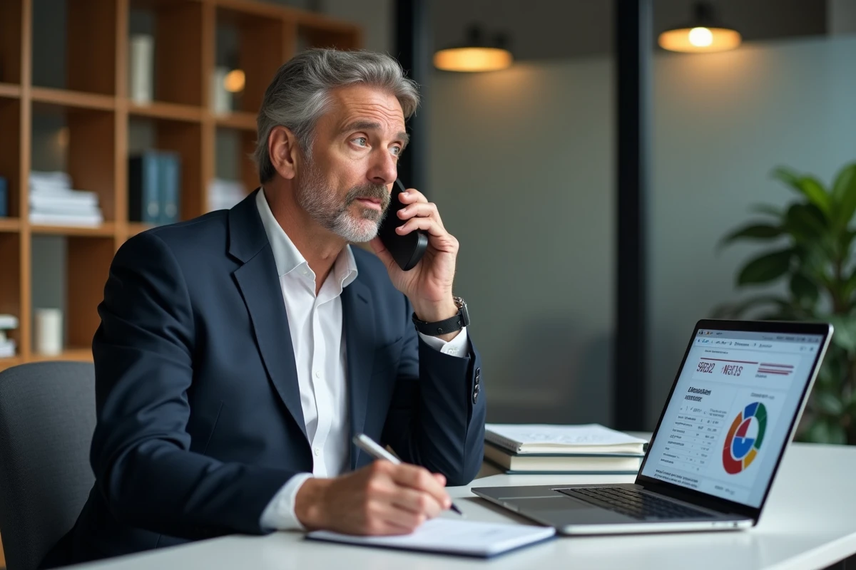 Consultant en entreprise gérant une situation de crise depuis son bureau avec ordinateur et notes manuscrites
