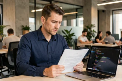 Consultant IT en portage salarial examinant un contrat dans un espace de coworking moderne