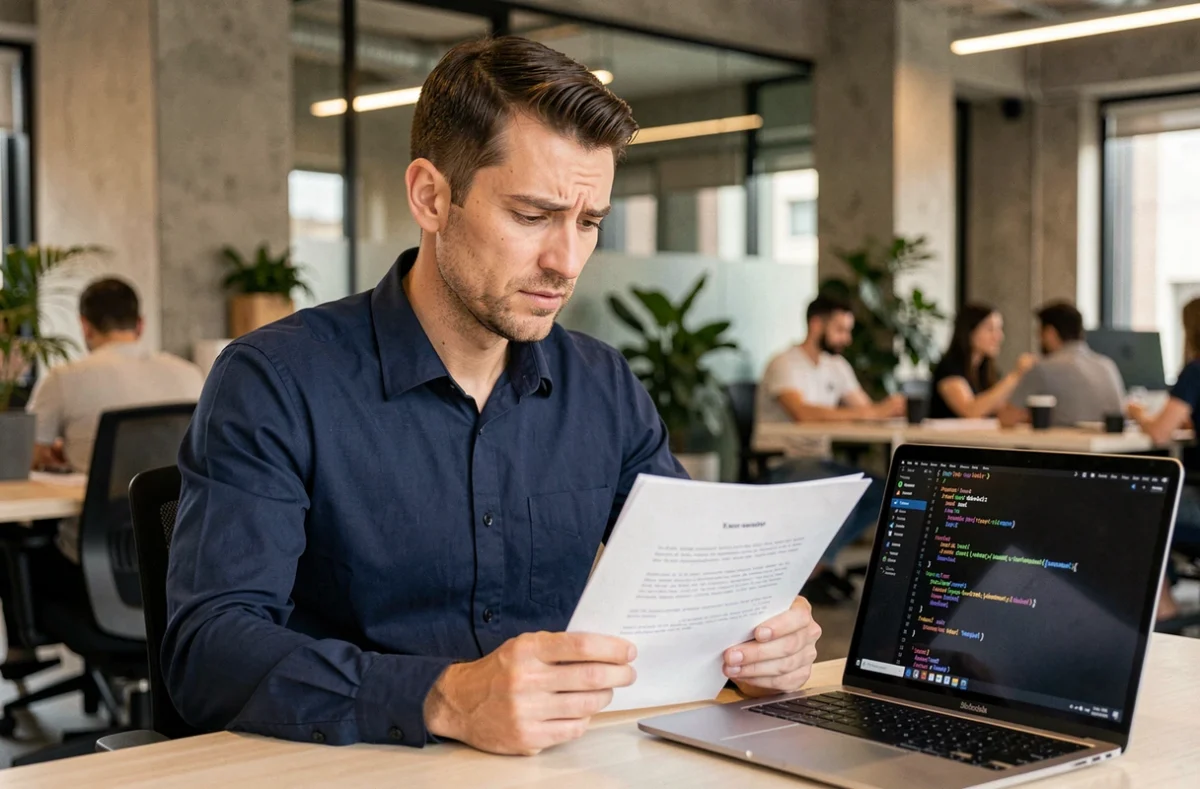 Consultant IT en portage salarial examinant un contrat dans un espace de coworking moderne