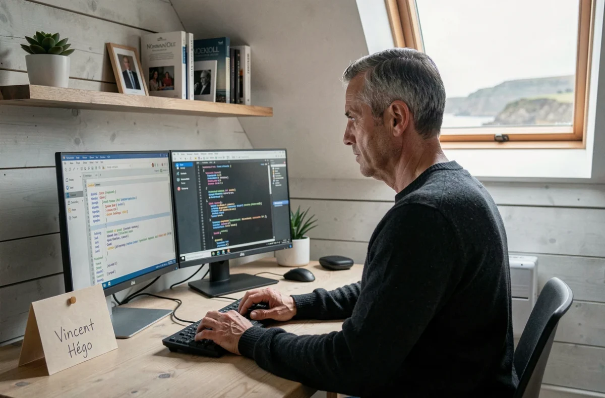 Consultant SEO indépendant Vincent Hégo travaillant sur une configuration technique dans son studio