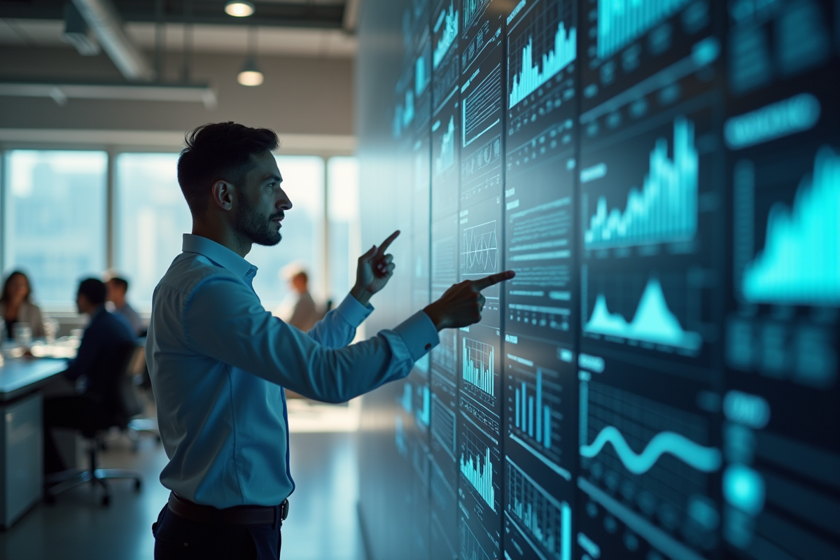 Consultant analysant des visualisations de données sur un mur lumineux