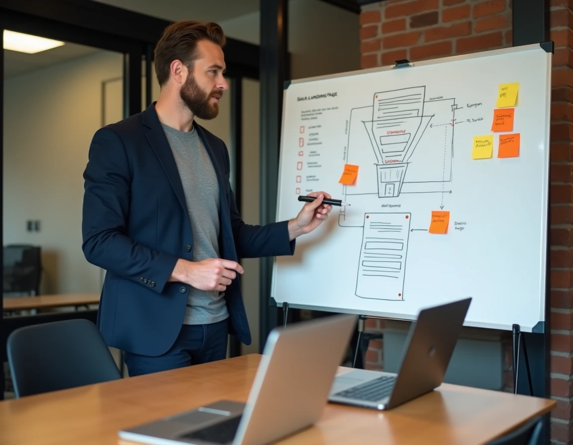 Consultant SaaS présentant un wireframe de tunnel de vente sur tableau blanc dans une salle de réunion d'agence