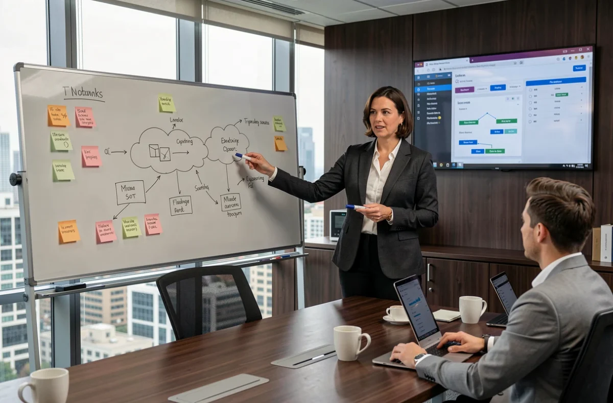 Consultante IT en réunion présentant une architecture cloud à son équipe en mode portage salarial