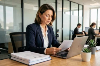 Consultante en portage salarial certifié Qualiopi examinant des documents dans un bureau moderne