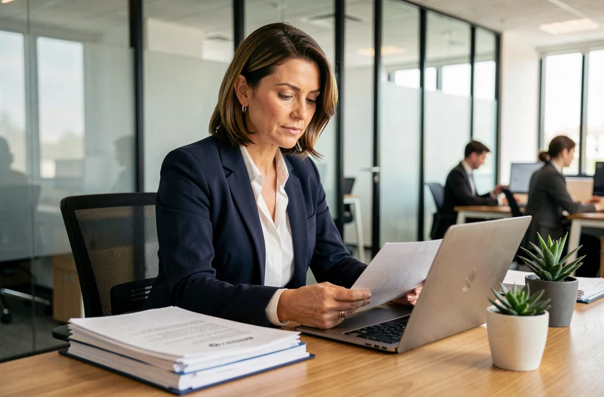 Consultante en portage salarial certifié Qualiopi examinant des documents dans un bureau moderne