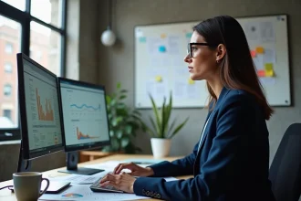 Consultante SEO de l'agence Rezoactif analysant des rapports de référencement naturel sur deux écrans dans un bureau moderne