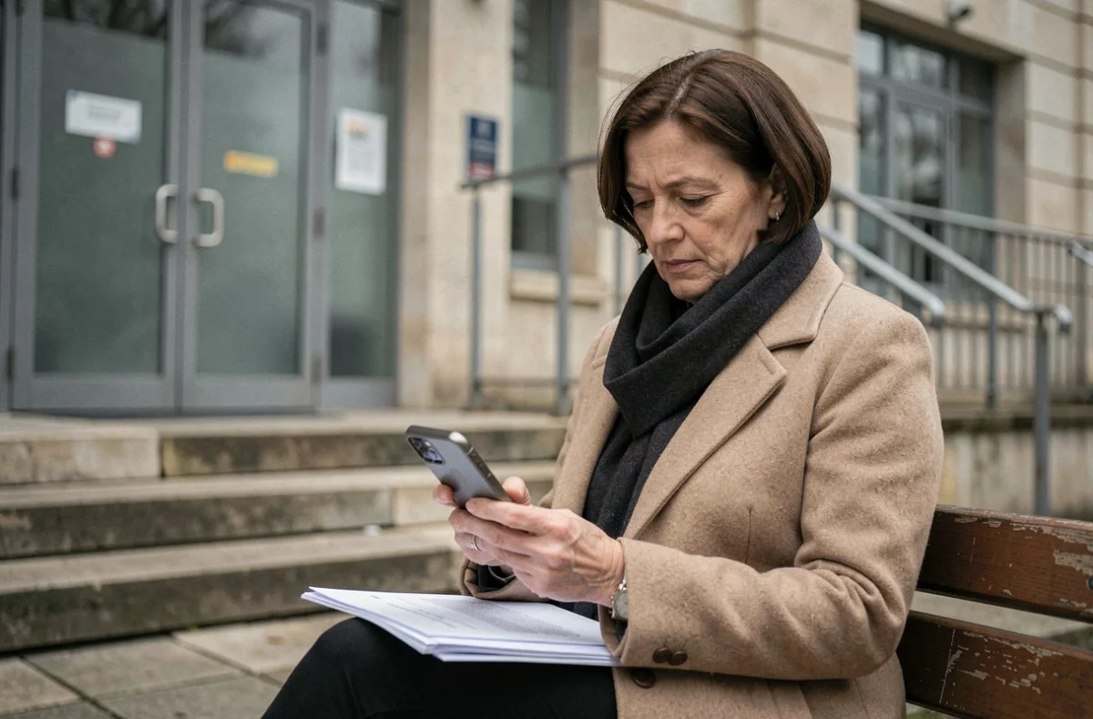 Femme consultant ses documents administratifs sur smartphone devant un bâtiment officiel à Calais avant un rendez-vous SGC