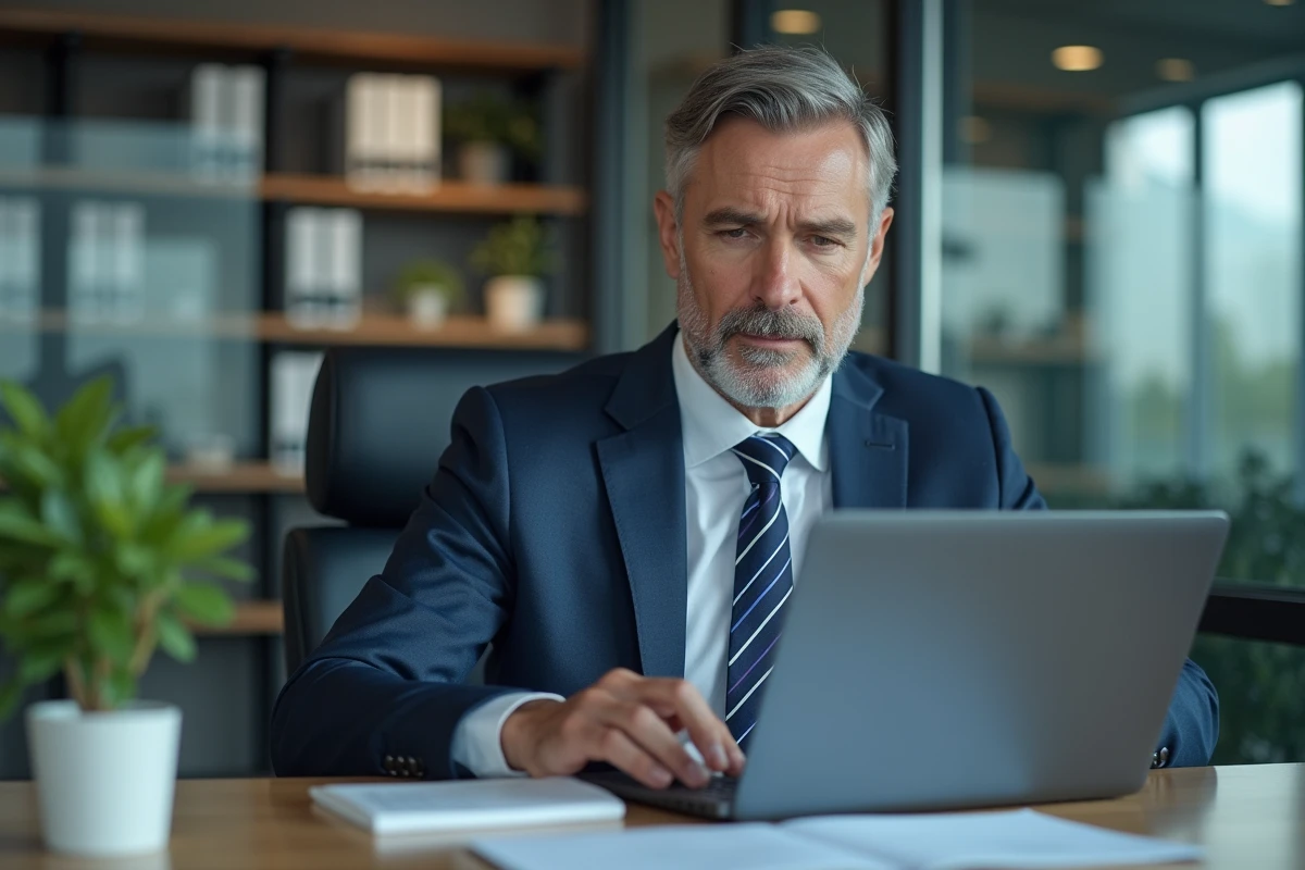 Homme courtier en costume navy au bureau moderne