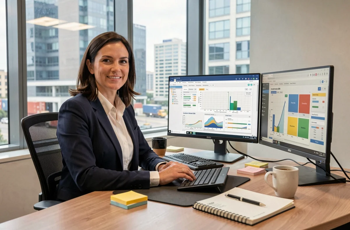 Courtière en douane travaillant sur les incoterms 2026 avec des logiciels de fret sur double écran dans un bureau moderne