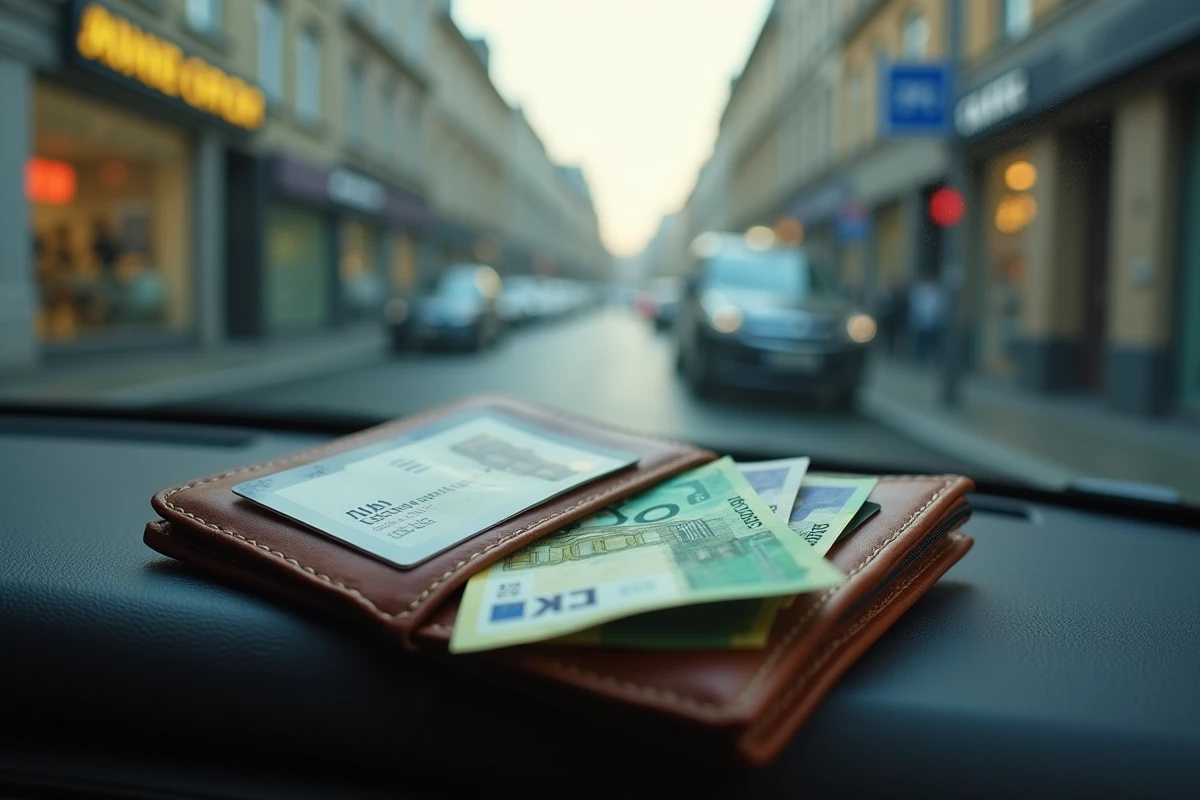 Portefeuille ouvert avec billets en euros et carte de licence taxi sur tableau de bord de v&eacute;hicule professionnel