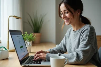Femme créant son espace personnel en ligne sur un ordinateur portable dans un bureau à domicile bien organisé