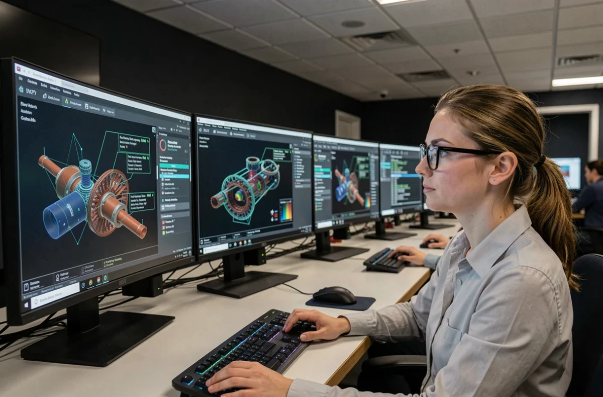 Data scientist analysant un jumeau numérique de pipeline sous-marin sur des écrans de salle de contrôle offshore