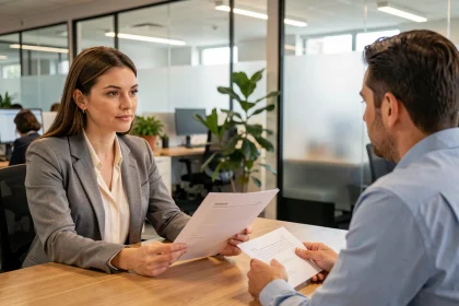 Employée présentant une demande de congé sans solde à son responsable dans un bureau moderne