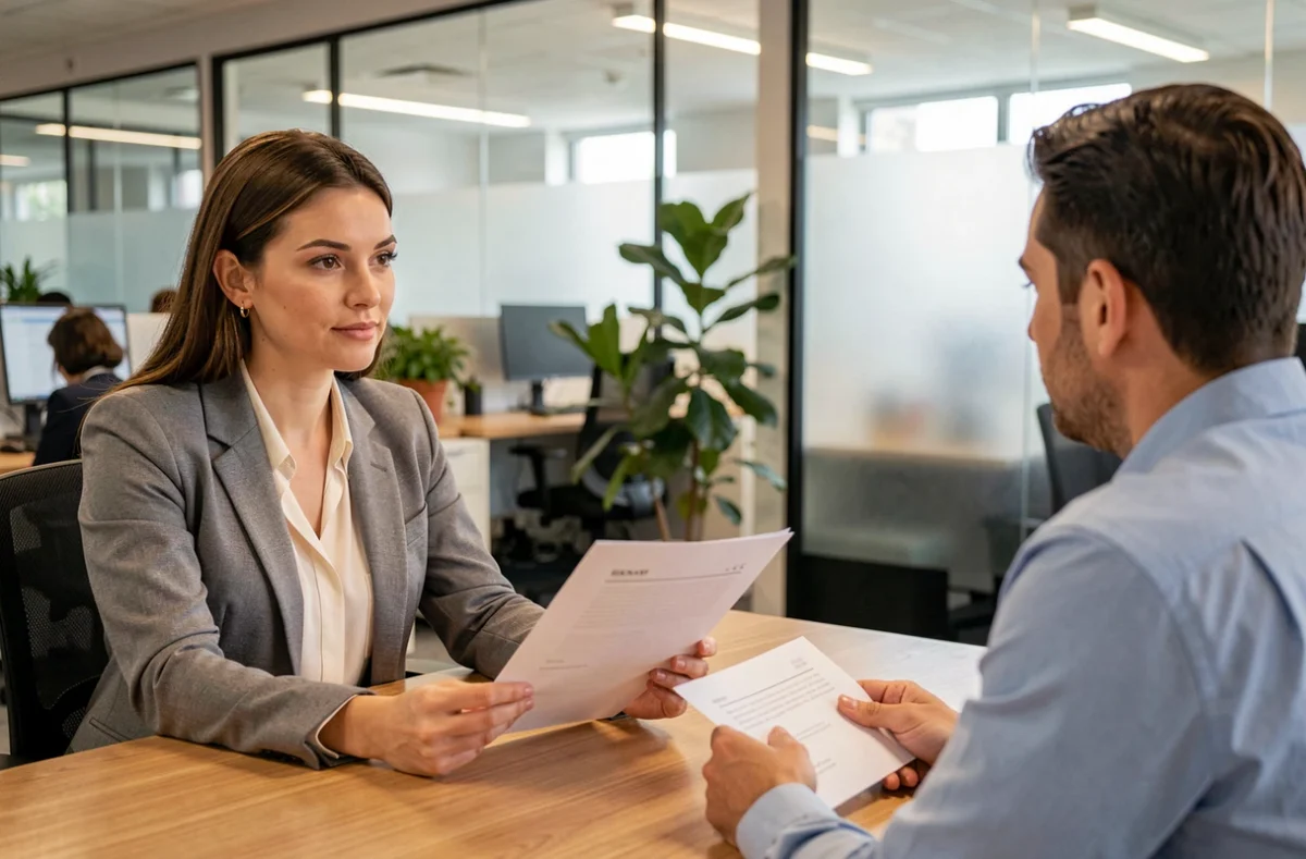 Employée présentant une demande de congé sans solde à son responsable dans un bureau moderne