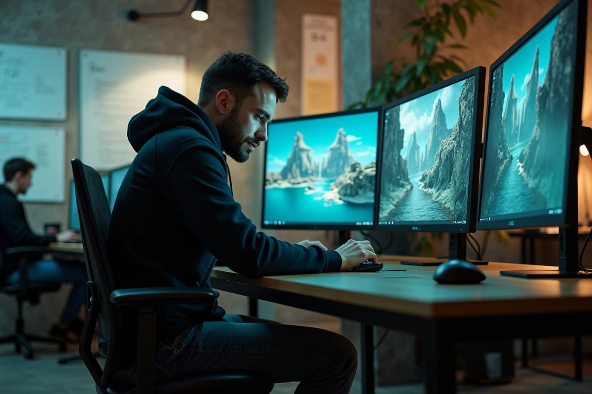 Développeur de jeux vidéo concentré dans un studio de création moderne devant des écrans affichant des environnements 3D, illustrant le renouveau créatif de Halo Studios après 343 Industries