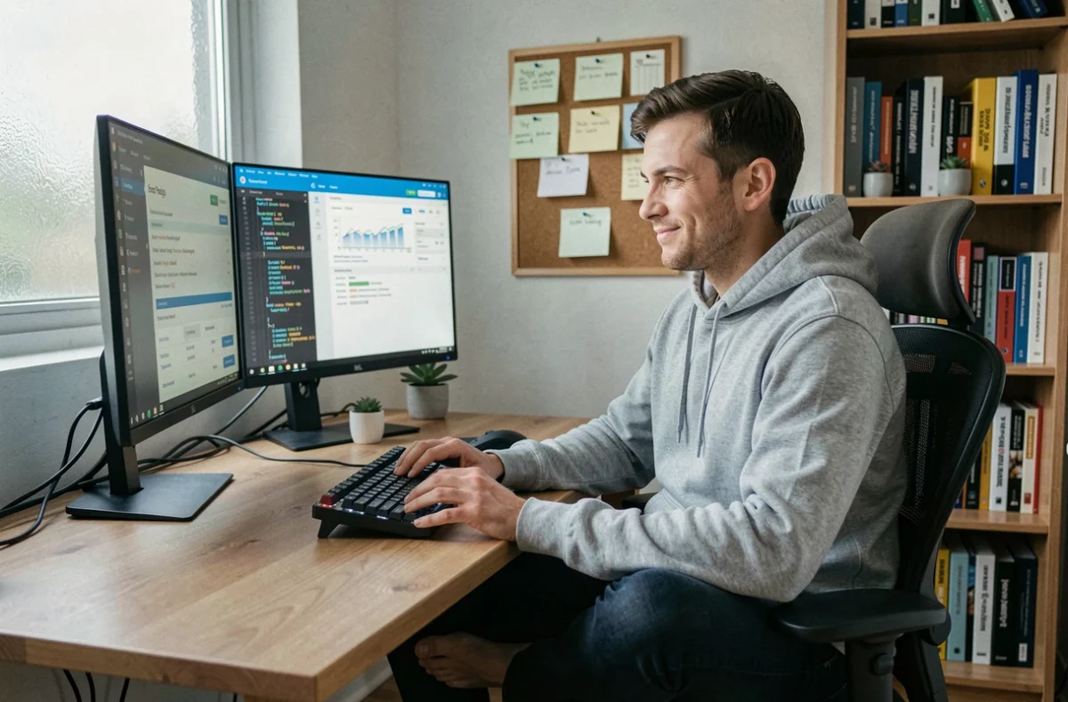 Développeur IT indépendant travaillant depuis son bureau à domicile avec un statut de portage salarial