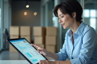 Responsable logistique utilisant une tablette numérique pour gérer un service d'avisage digitalisé dans un bureau moderne