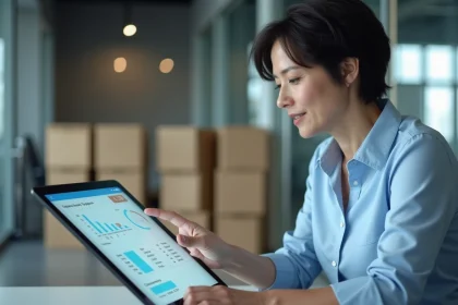 Responsable logistique utilisant une tablette numérique pour gérer un service d'avisage digitalisé dans un bureau moderne